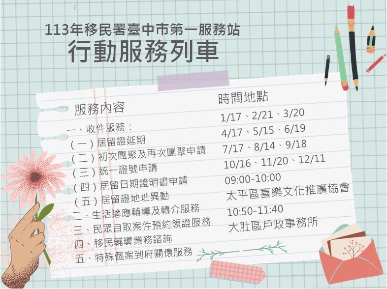 113年移民署臺中市第一服務站行動服務列車年度公告海報-中文版
