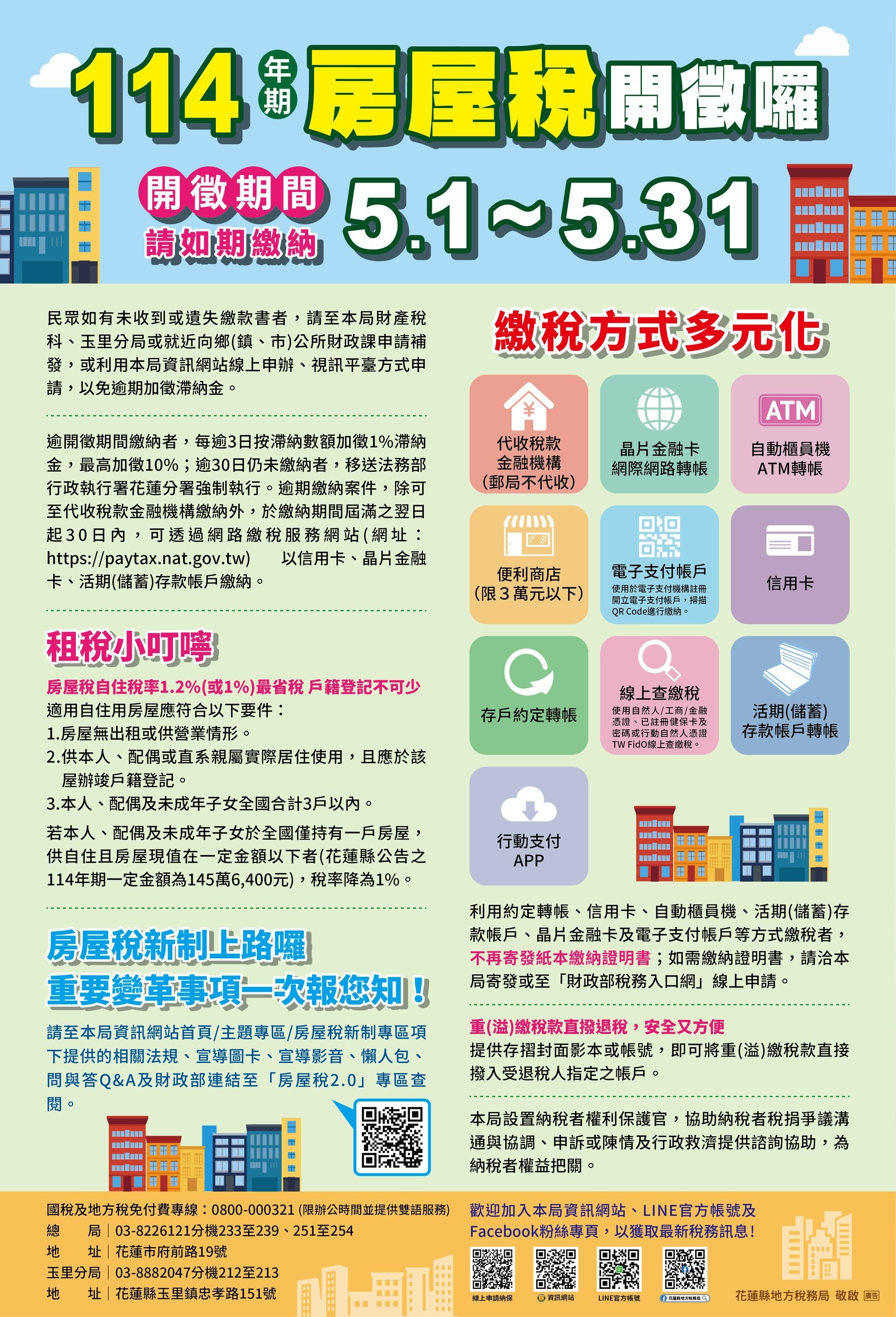 114年期房屋稅已開徵，請於5月31日前繳納。移民署北區事務大隊花蓮縣服務站與花蓮縣地方稅務局提醒您。