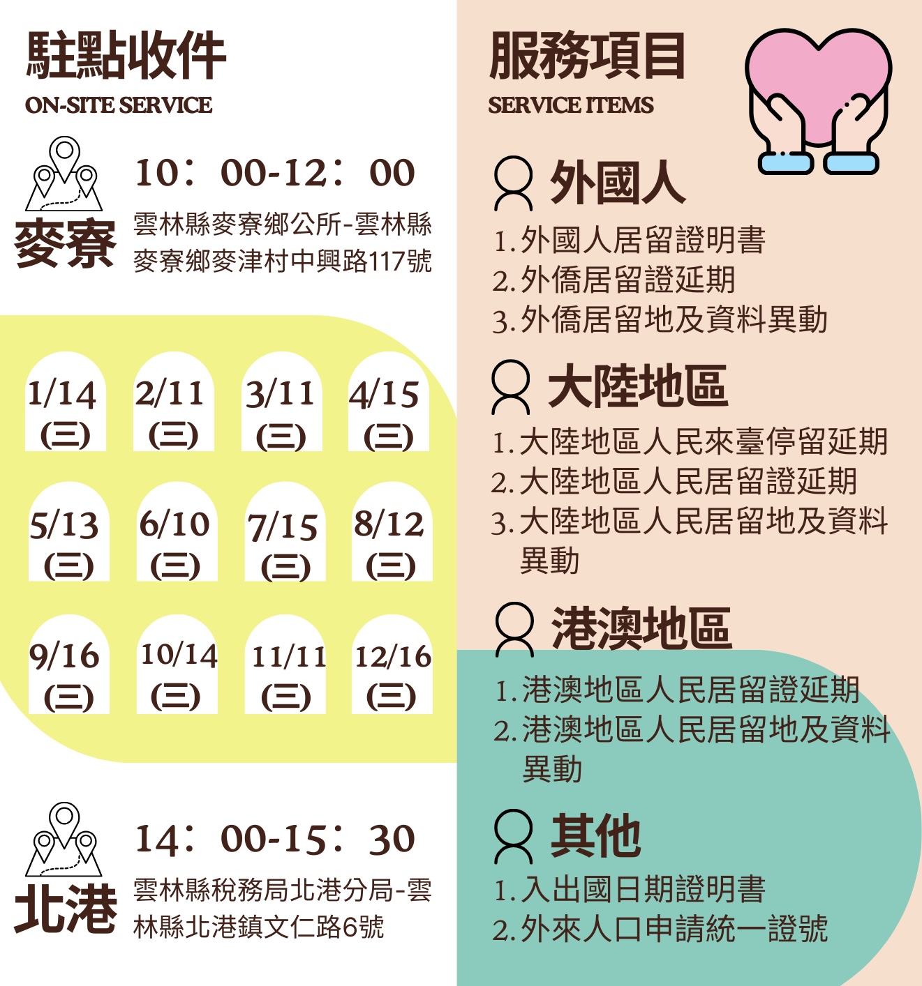 2026年1-12月份雲林縣服務站至雲林縣稅務局北港分局及雲林縣麥寮鄉公所收件時間，請民眾多加利用及轉貼。