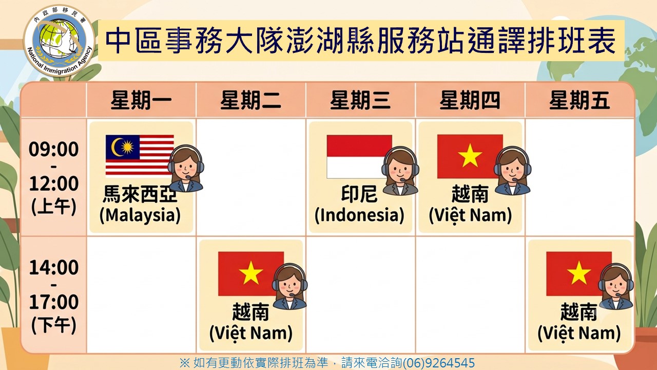 本站通譯志工輪值表，歡迎民眾多加利用