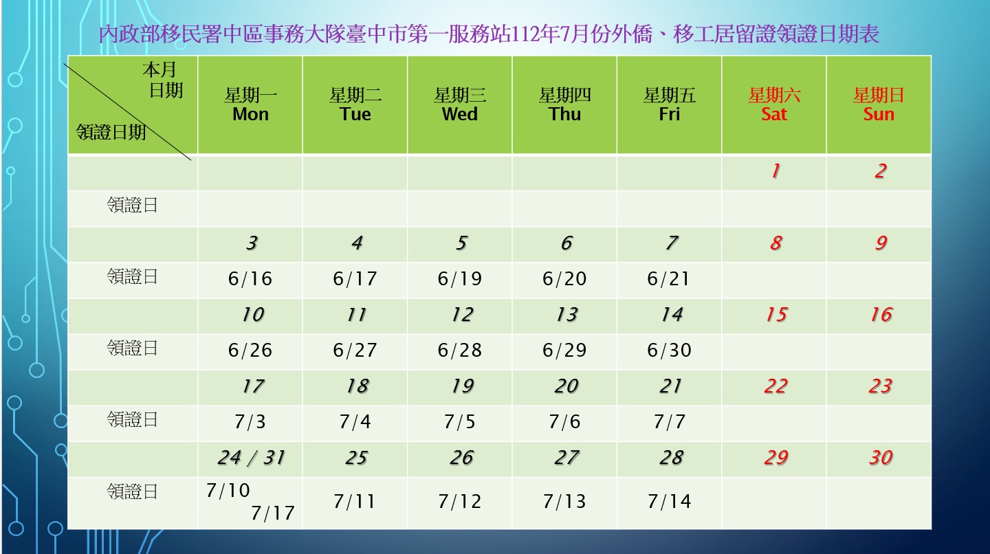 移民署臺中市第一服務站112年7月份外僑、移工居留證領證日期表