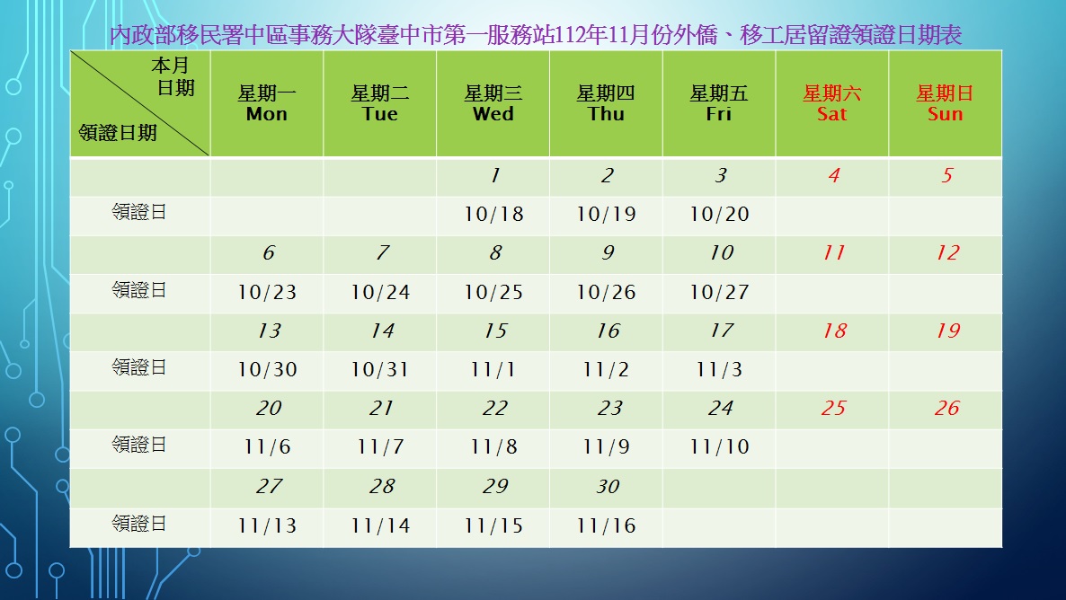 移民署臺中市第一服務站112年11月份外僑、移工居留證領證日期表